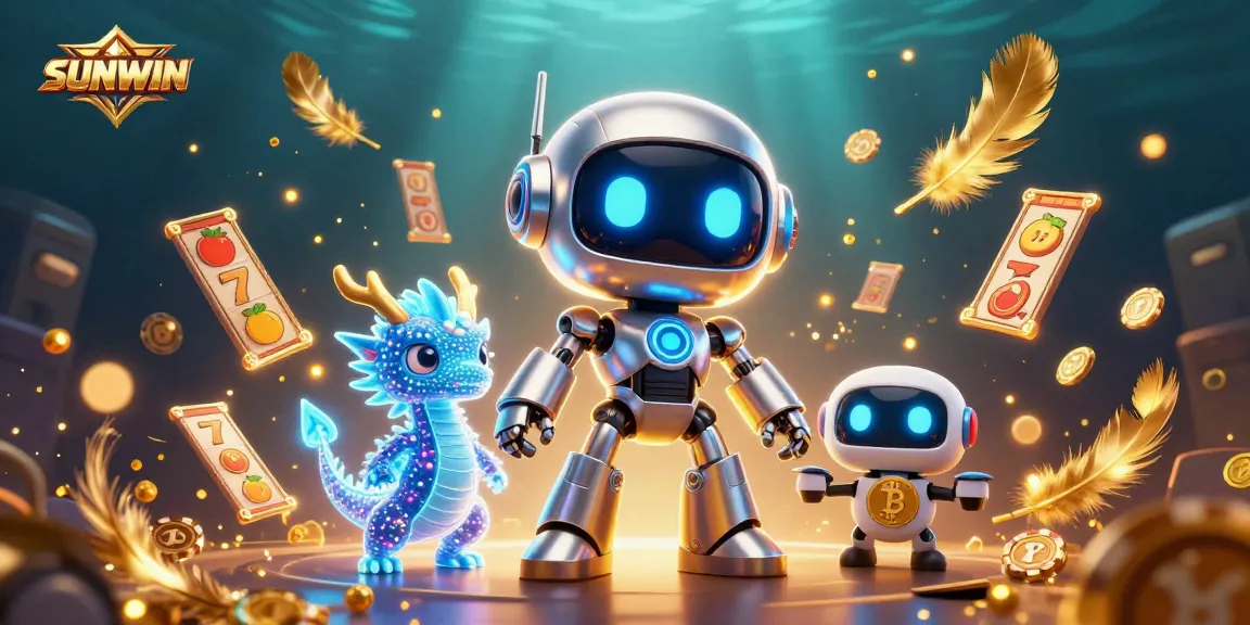 SUNWIN casino gaming scene featuring a cyberpunk robot and holographic dragon, surrounded by slots and gold coins.