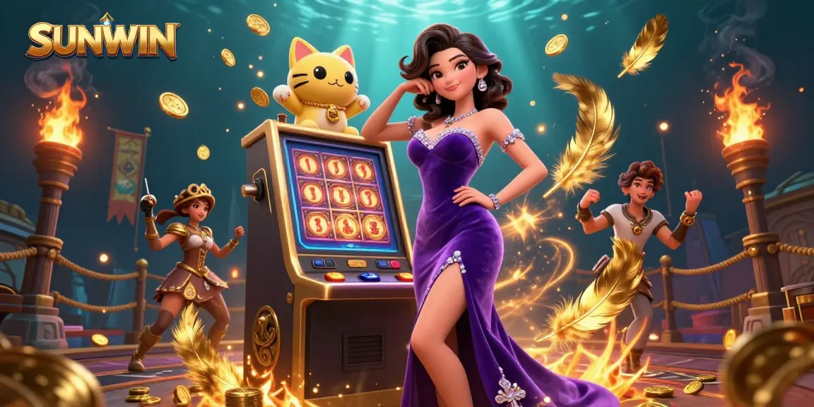 SUNWIN slots scene featuring a glamorous woman by a jackpot machine, with coins and lucky symbols flying around.
