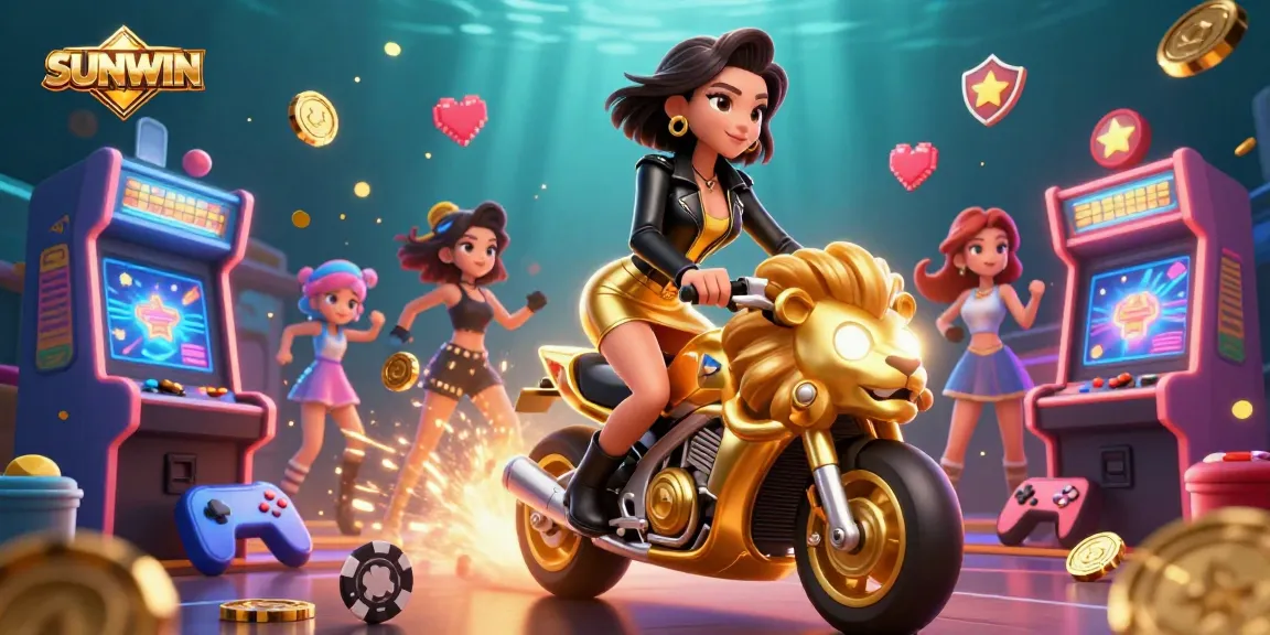 SUNWIN promotes an exciting gaming adventure with a glamorous Asian woman riding a golden lion, surrounded by vibrant casino game elements.