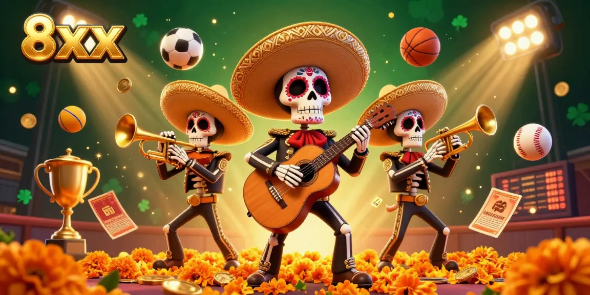 Experience thrilling gameplay at 8xx with a festive casino celebration surrounded by vibrant characters and exciting elements.