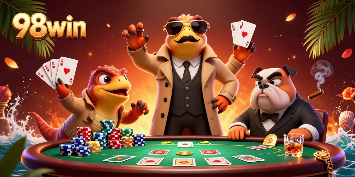 Engage in thrilling bets with 98win's vibrant casino scene featuring playful raptors at the poker table.