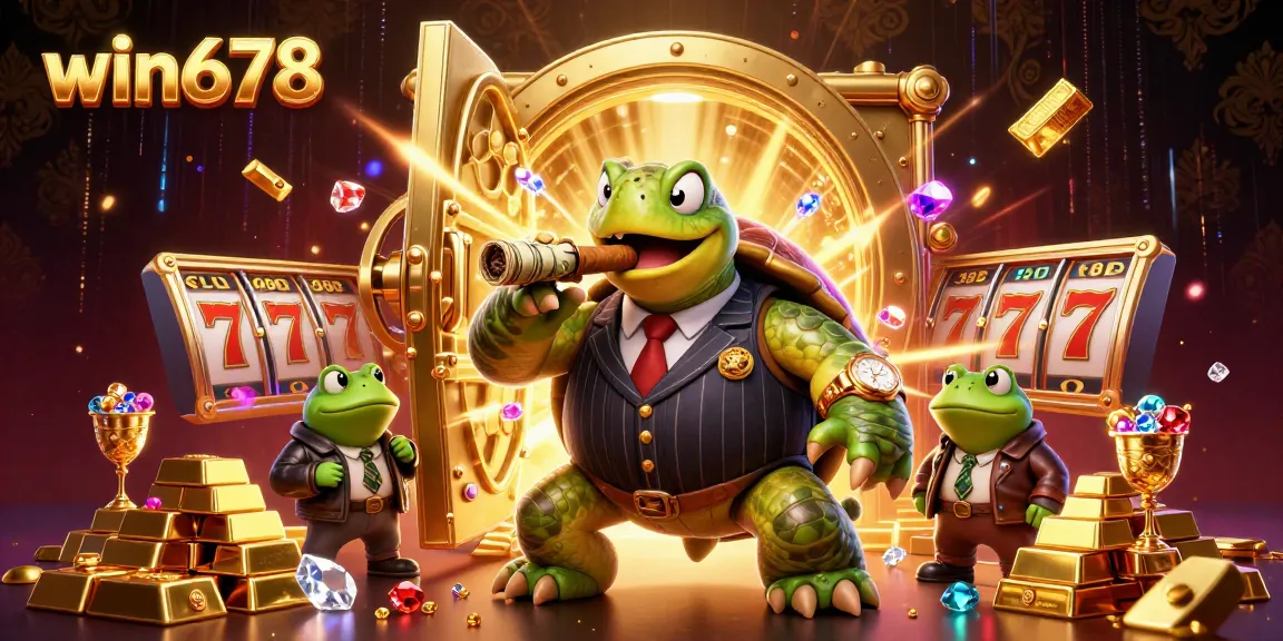 Win678 showcases a vibrant casino scene with a snapping turtle and bullfrog enforcers amidst gold and gems.