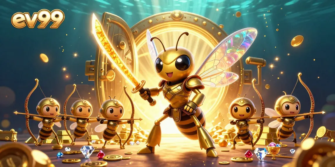 Engage in exciting gameplay with ev99, featuring vibrant 3D illustrations of golden hornets and rich treasure.