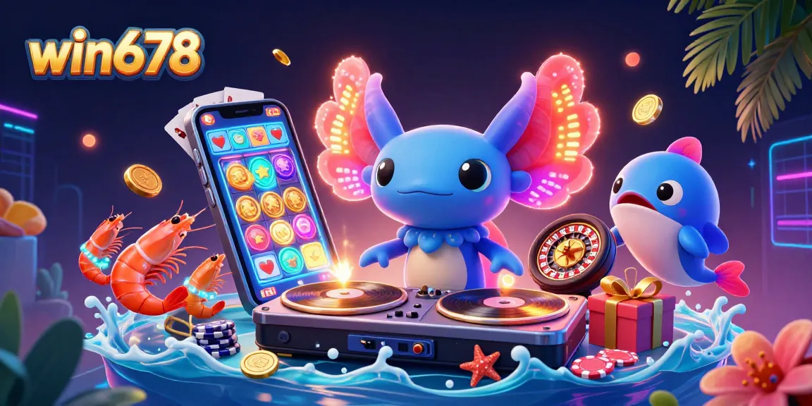 Win678 offers thrilling gameplay with a vibrant axolotl DJ and friends in an underwater casino scene.