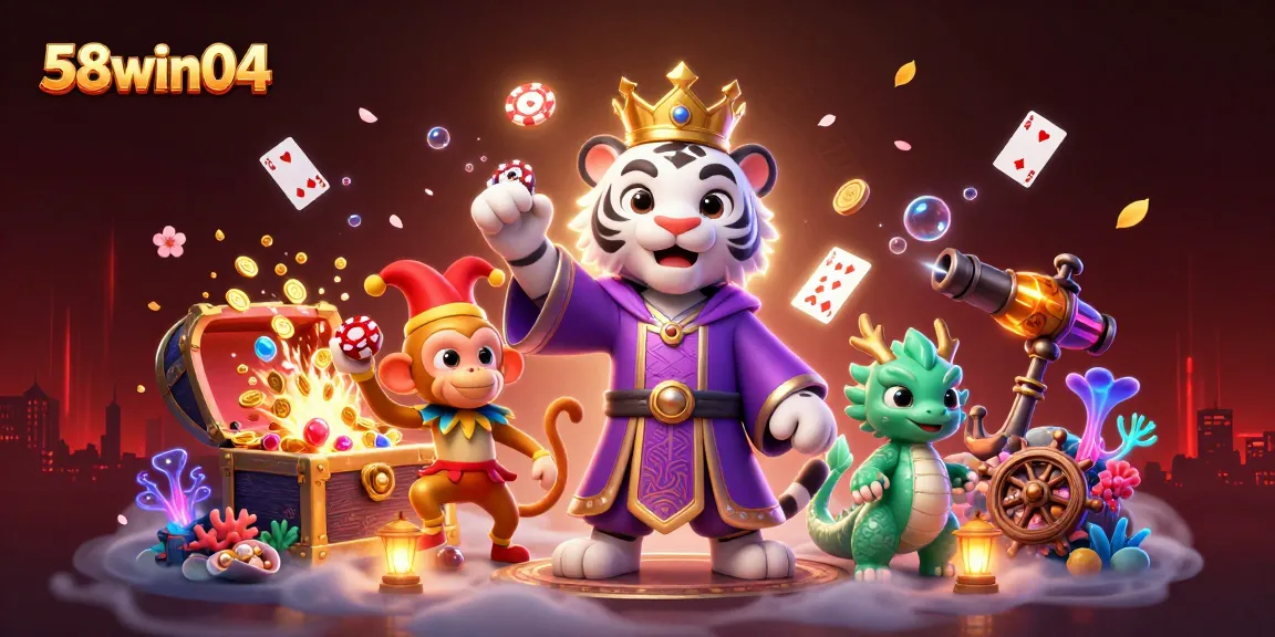 Engage with 58win04's vibrant casino experience depicted in a colorful 3D illustration.