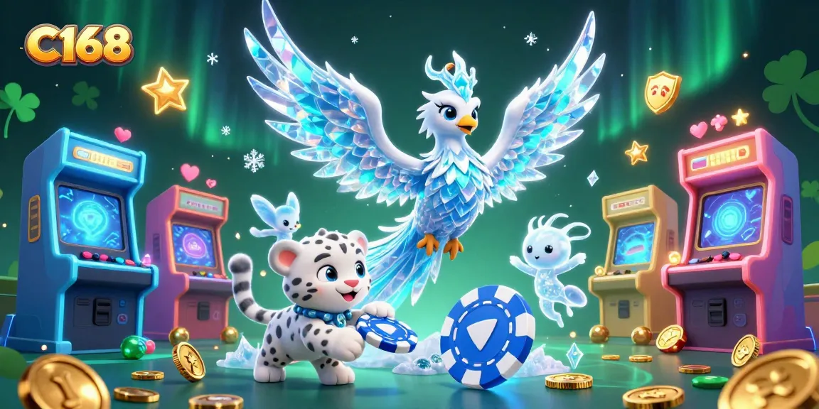 C168 engages players with a vibrant illustration of an ice phoenix, neon games, and dynamic casino elements.