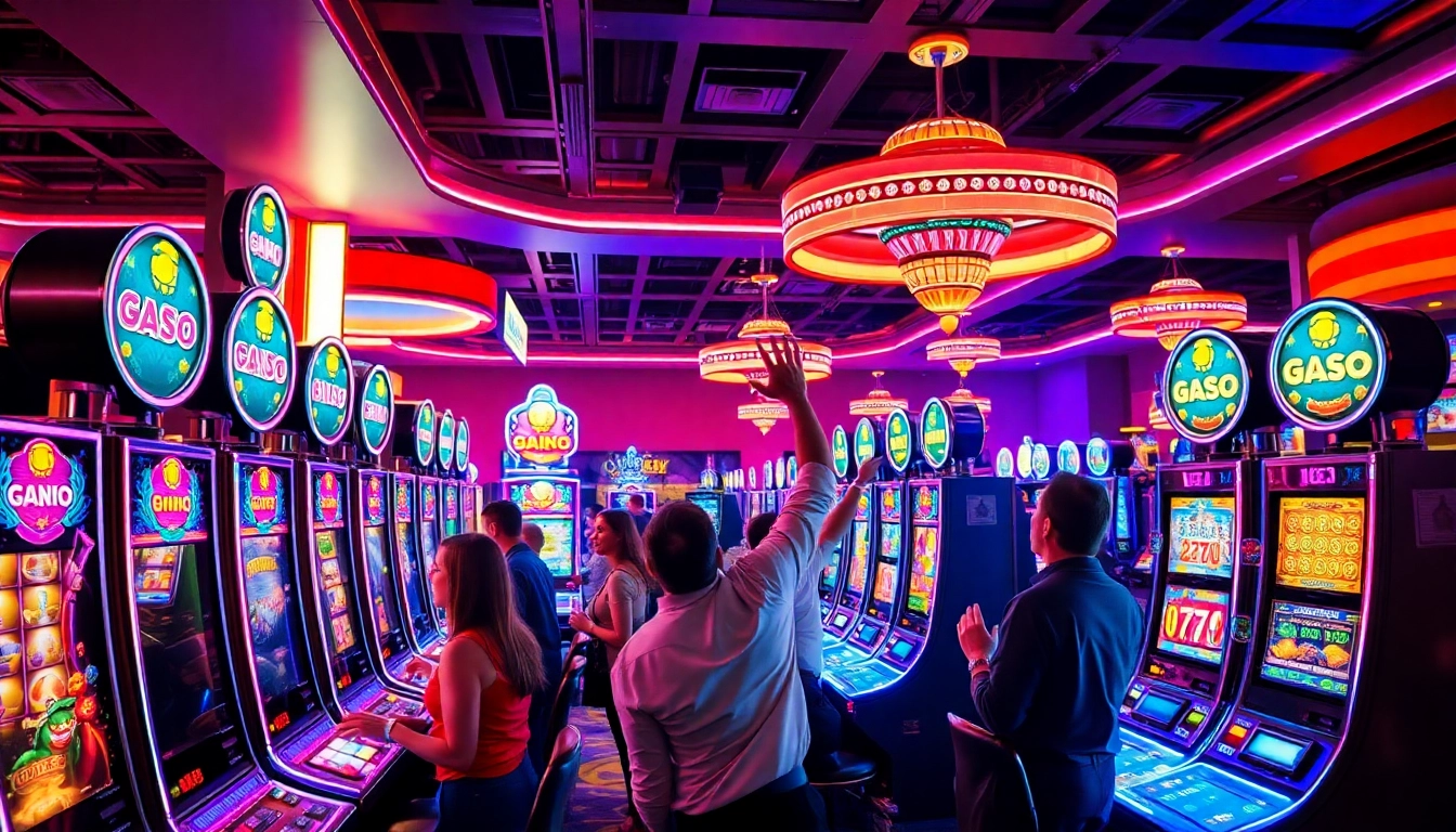Slot gacor hari ini di kasino dengan mesin slot yang ramai dan pencahayaan cerah.