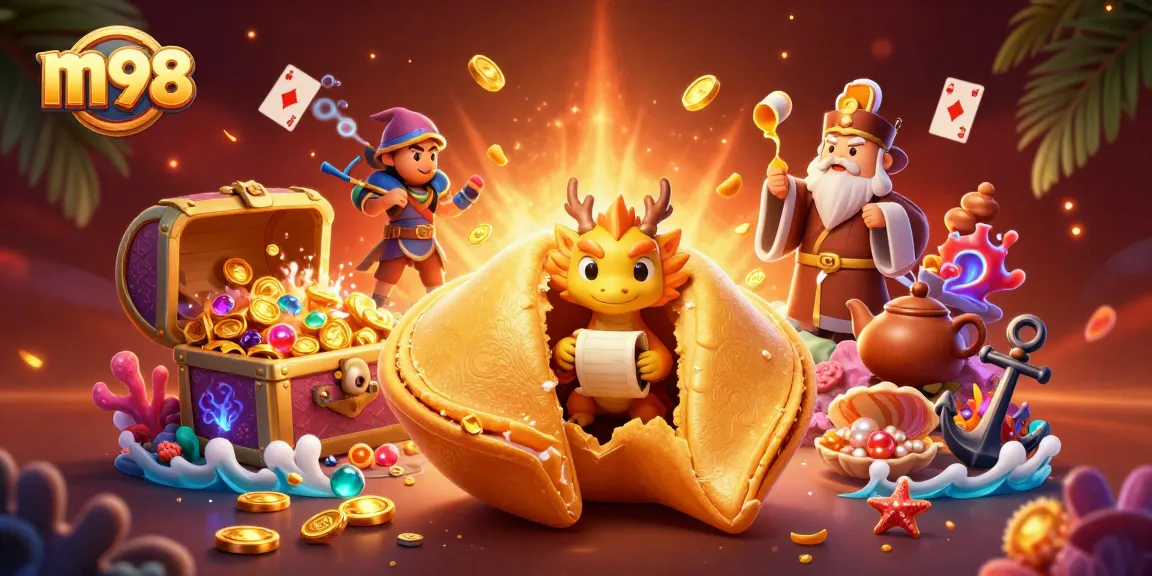 m98 players enjoy thrilling wins with a golden fortune cookie surrounded by vibrant casino elements