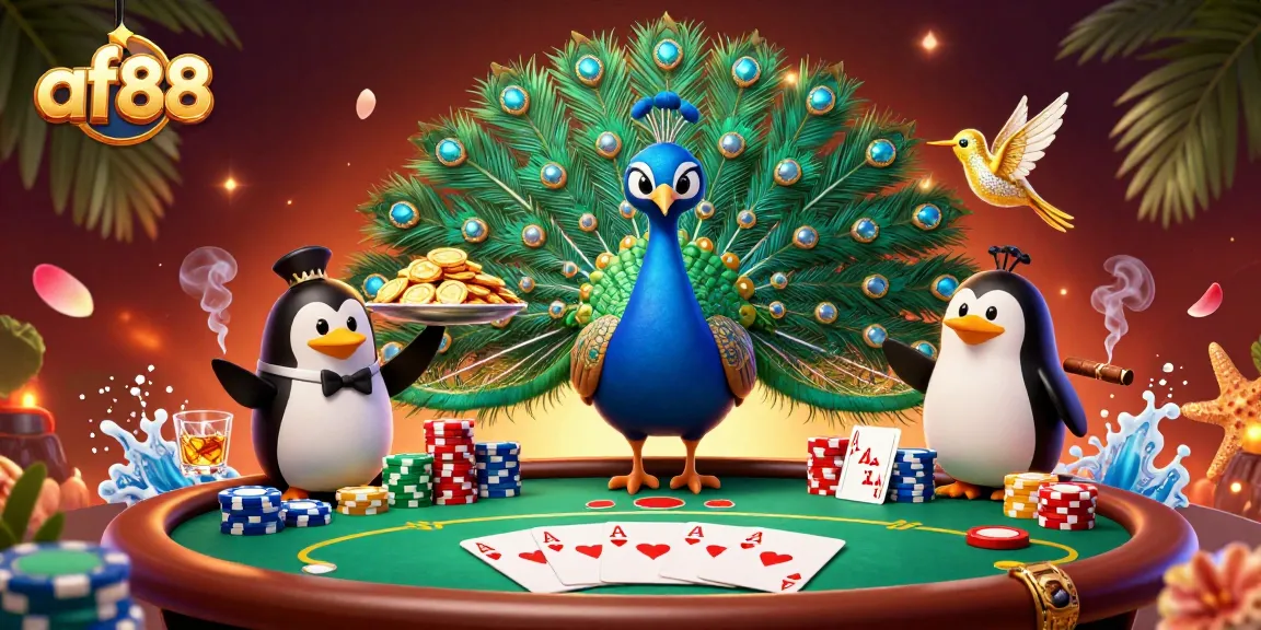 Play exciting poker games at af88 with vibrant characters and luxury casino elements.