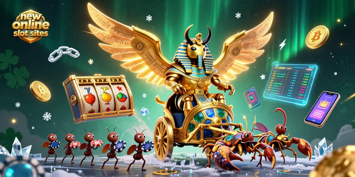 Spin thrilling new online slot sites with a dazzling 3D illustration of a pharaoh beetle and casino elements.