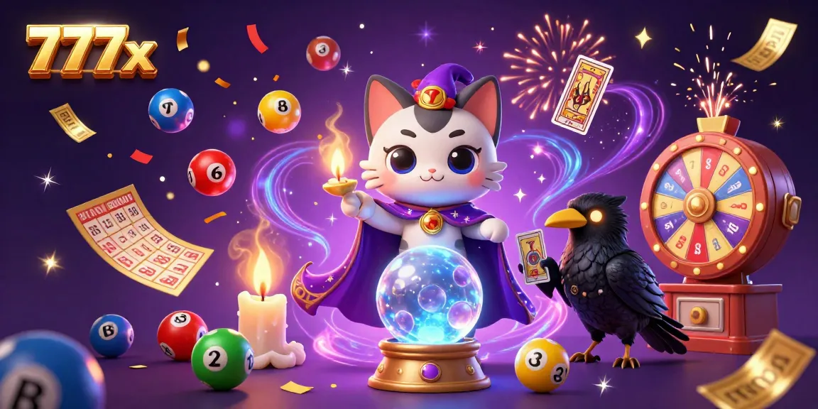 Engage with 777x in a vibrant casino world featuring a mystical cat, raven, and dynamic lottery elements.