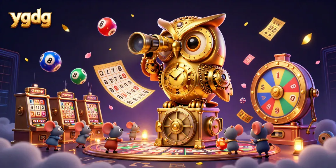 Experience thrilling gameplay at ygdg with a captivating golden owl overseeing dynamic lottery balls and casino elements.