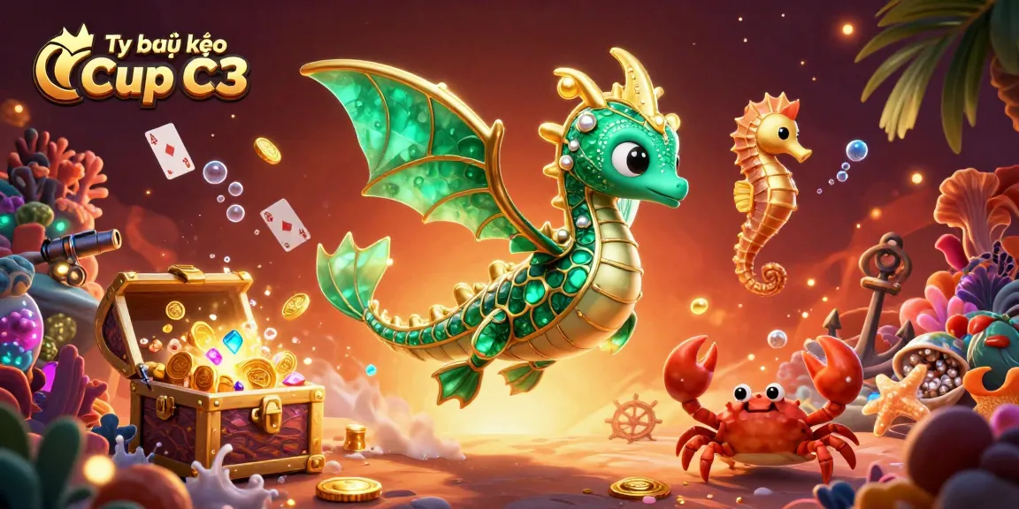 Tỷ lệ kèo Cup C3 illustrated with a vibrant sea dragon and gambling elements, capturing the essence of sports betting excitement.