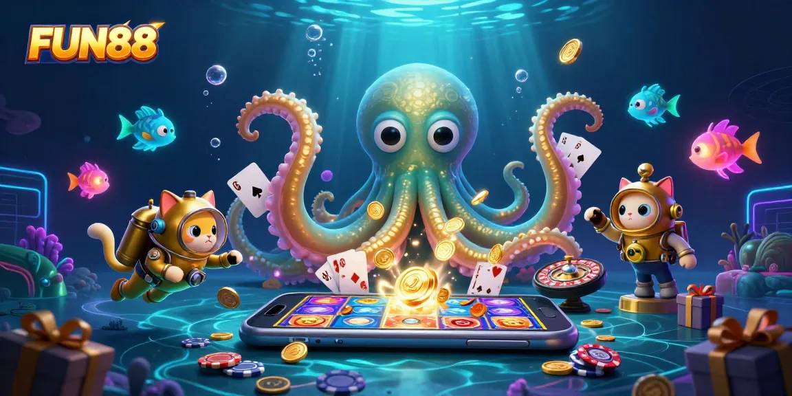 FUN88 delivers thrilling gameplay with a massive kraken and diving cat in a vibrant 3D casino scene.
