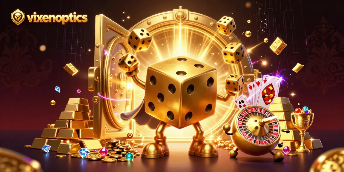 Vixenoptics showcases a rich 3D casino scene with golden dice and gems for online gamers.
