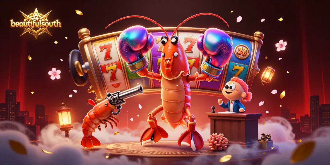 Engage in the beautifulsouth slot games with this vibrant 3D illustration of shrimp characters amid dynamic casino elements.