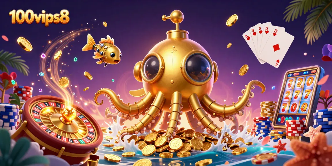 Experience thrilling wins with 100vips8 in this vivid 3D casino illustration featuring exciting games and rewards.