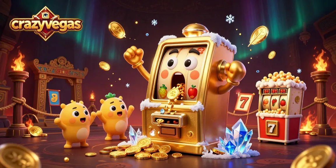 crazyvegas slot machine hits jackpot, coins pour out in celebration with baby slot machines and popcorn
