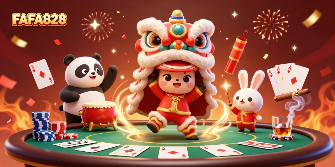 Join the celebration at FAFA828 with vibrant casino action featuring poker elements and festive characters.