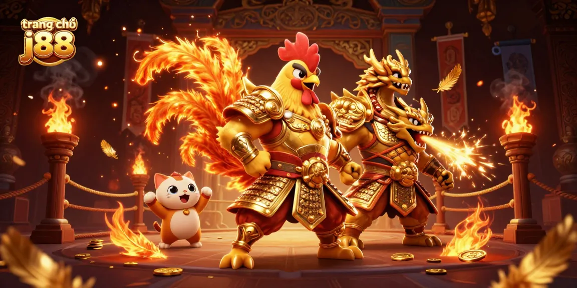 Engage in thrilling action at trang chủ j88 with a fighting rooster warrior & dragon mascot.